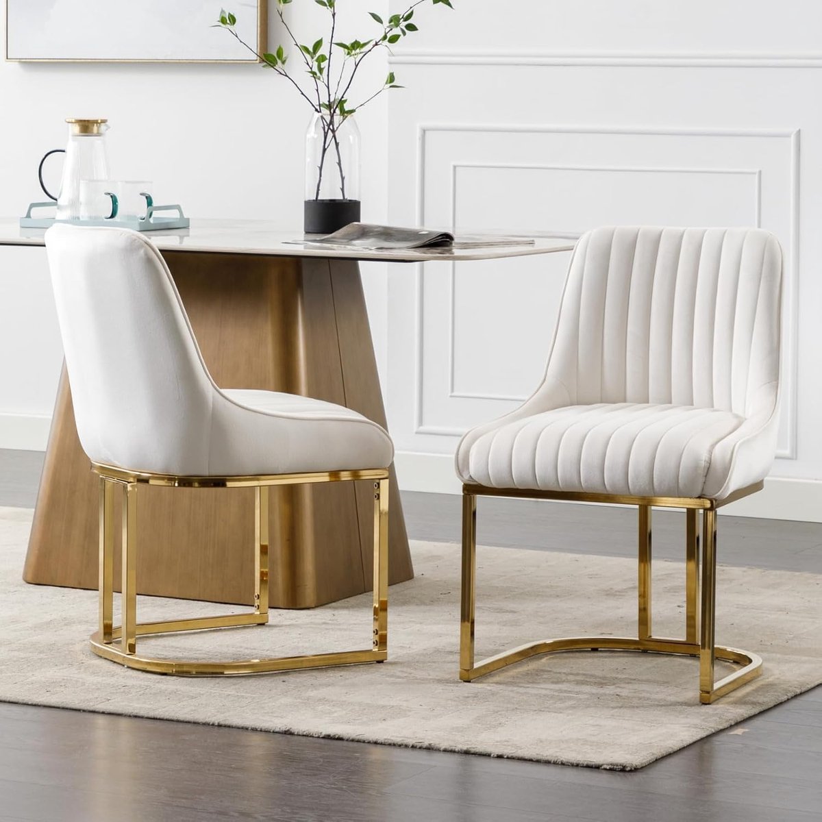 Veloura Luxe Velvet Eetkamerstoelen Set van 2 – Moderne Gestoffeerde Stoelen met Metalen Poten, Zachte Fluwelen Bekleding, Comfortabele Gevoerde Zitting en Rugleuning, 53 x 47 x 79 cm, Wit