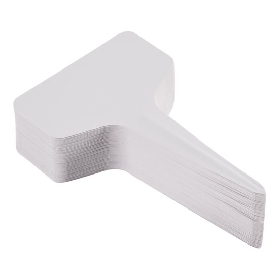 100 T-vormige plastic plantenlabels, perfect voor kwekerijen en tuinen.
