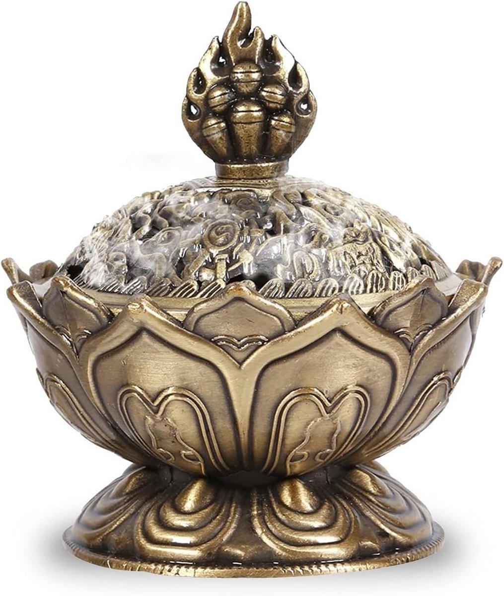 Elegante Vintage Backflow Wierookbrander met Lotus Ontwerp, Perfect voor Poeder Cone of Spiraal Wierook, Inclusief Asopvang en Charcoal Censer