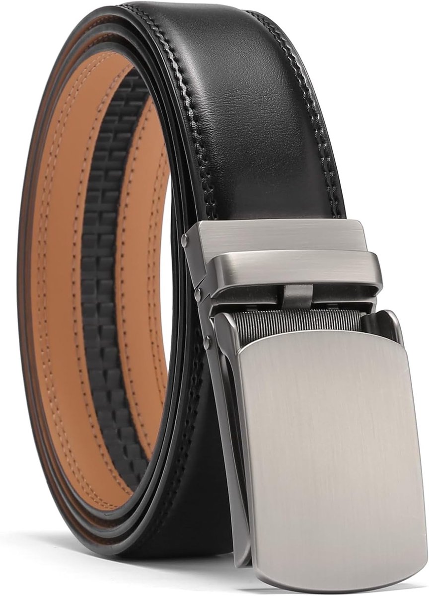 Heren Leren Riem met Automatische Sluiting voor Jeans en Pak, Verstelbare Breedte 35mm, Zwart, 135cm/40''-48'' Taille