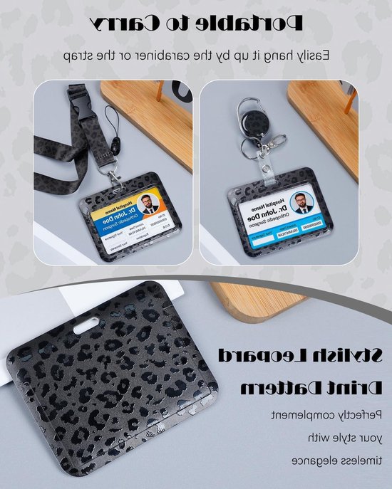 Stijlvolle Badgehouder met Retractable Reel, Carabiner Clip en Afneembare Lanyard voor Werk en Zorgprofessionals - Zwart Luipaardprint en Plastic Behuizing — afbeelding 2