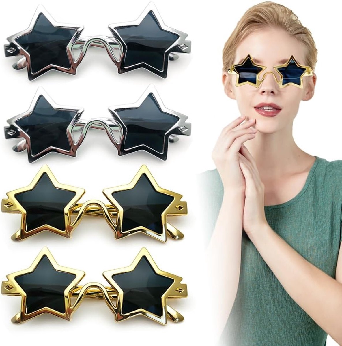 4-delige Stervormige Zonnebril Set voor Feestjes, Retro 80s Accessoires en Creatieve Kostuums voor Kinderen en Volwassenen