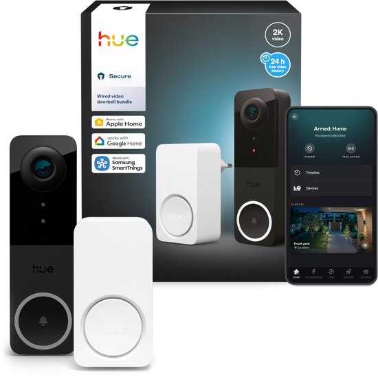 Hue bedrade videodeurbel bundel met 2K video, 24 uur gratis videohistorie. Werkt met Apple Home en Google Home.