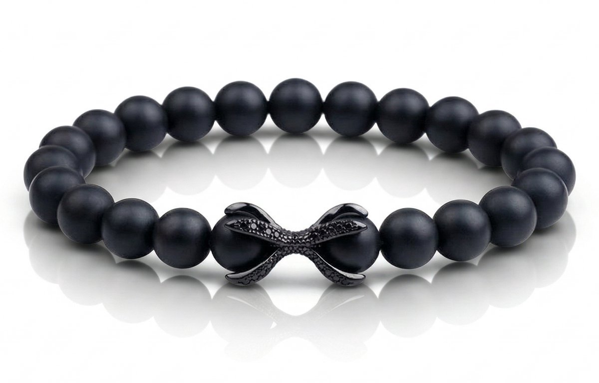 Armband Heren Zwart – Kralenarmband Onyx Natuursteen – Stoere Heren Armband Stainless Steel – Elastische Armband Mannen – Cadeau voor Mannen – Galeara Fuori 21,5cm