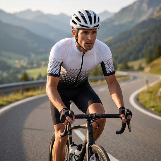 Wit zwart sport wielren shirt heren korte mouw fiets jersey met rits ademend sneldrogend vochtafvoerend stretch MTB fietsshirt wielrennen racefiets maat L — afbeelding 3