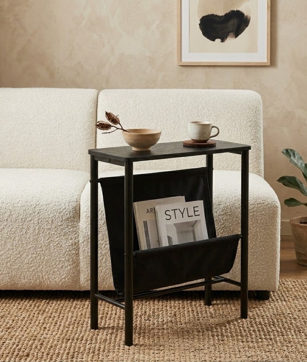 Japandi Bijzettafel met Lectuurbak - Scandinavisch Design - Smalle Bijzetter & Bank Bijzettafel - Houten Accent Tafel - Zwart 48 x 20 x 50 cm