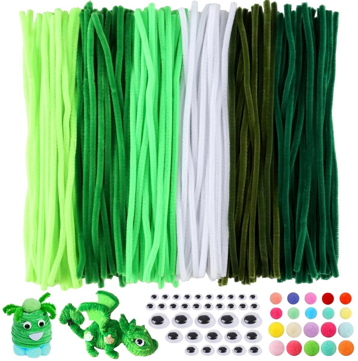 Kleurige Chenille Pijpenragers voor Creatieve Knutselprojecten - 200 Stuks, 30 x 6 mm, Inclusief Wobbelogen en Pompoms