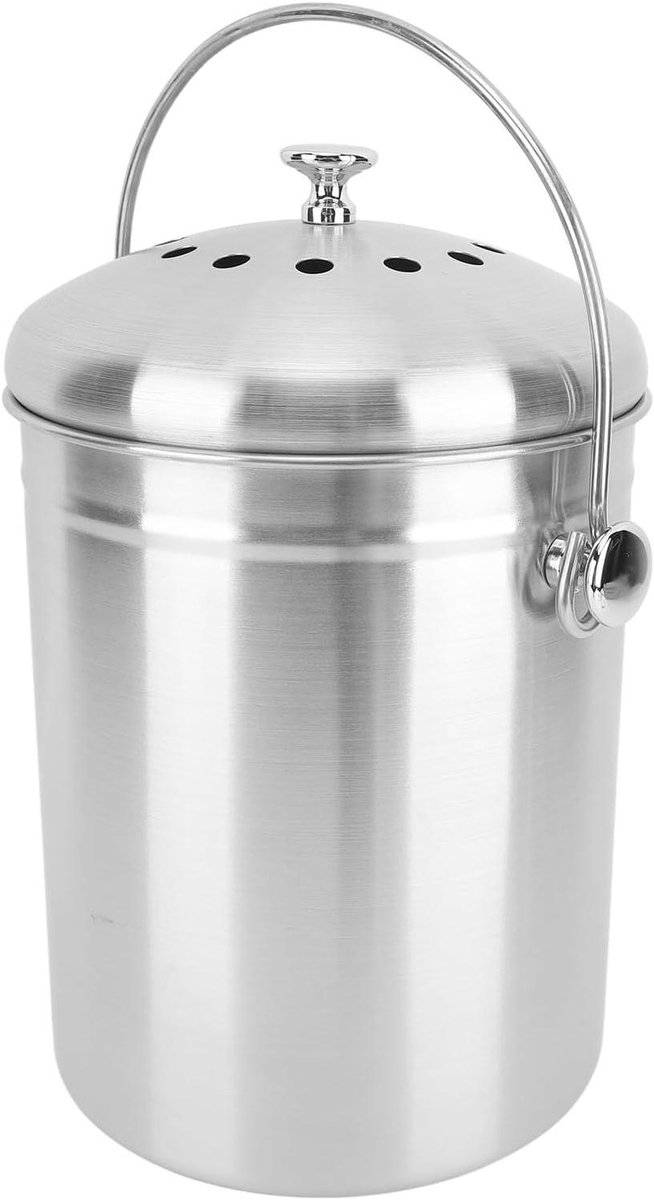 Compostbak Keuken - Afvalbak Aanrecht - Keukenafval Verwerken - Geur Absorberend - 29 cm Hoog - Zilverkleurig