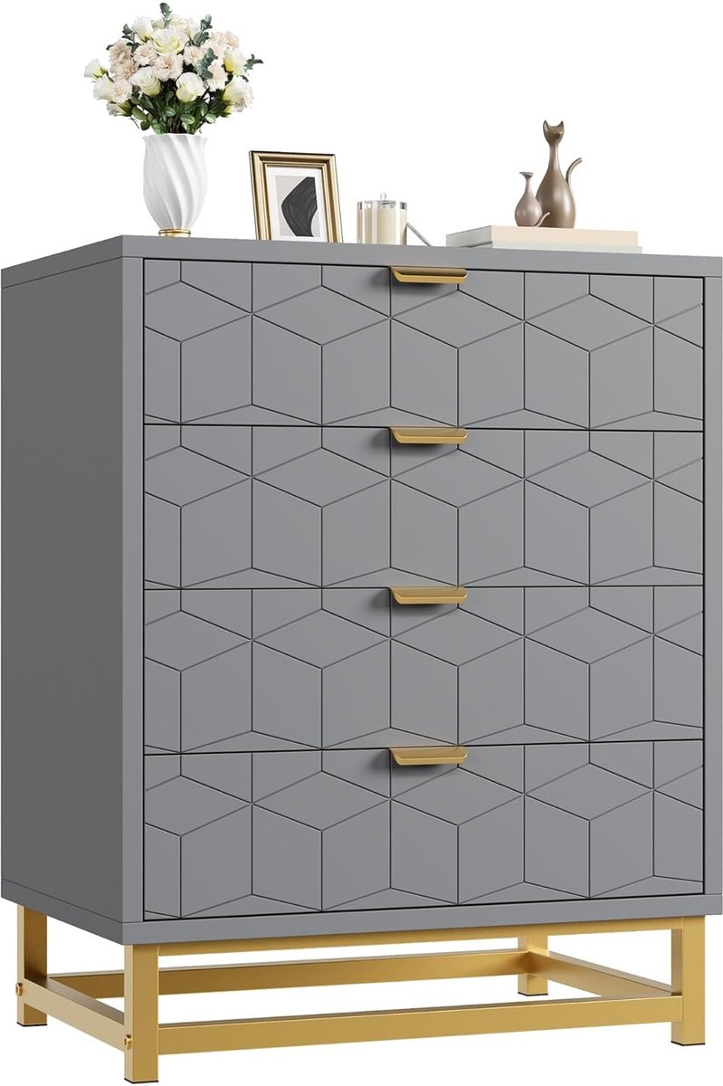 HOERFURIY Moderne Grijze Ladekast met 5 Laden - Gouden Handgrepen & Metalen Poten - Stijlvolle Commode voor Slaapkamer, Woonkamer en Hal - 60 cm Breed Grijs