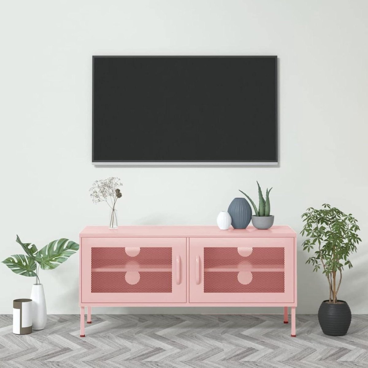 TV Kast Roze - TV Meubel Opbergkast - Woonkamer Organizer - Stalen Constructie - 105x35x50 cm - Roze