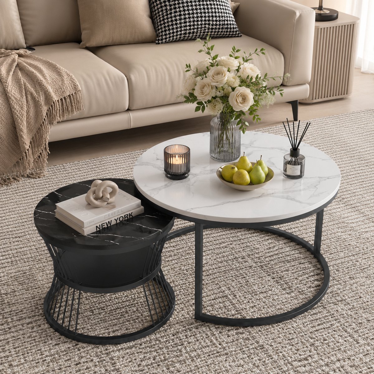 Salontafel Rond Zwart Metalen Set Van 2 – Table Basse Ø70cm & 45cm - Bijzettafel Industrieel - Wit/Zwart Marmer - Hoogte 45/40 cm