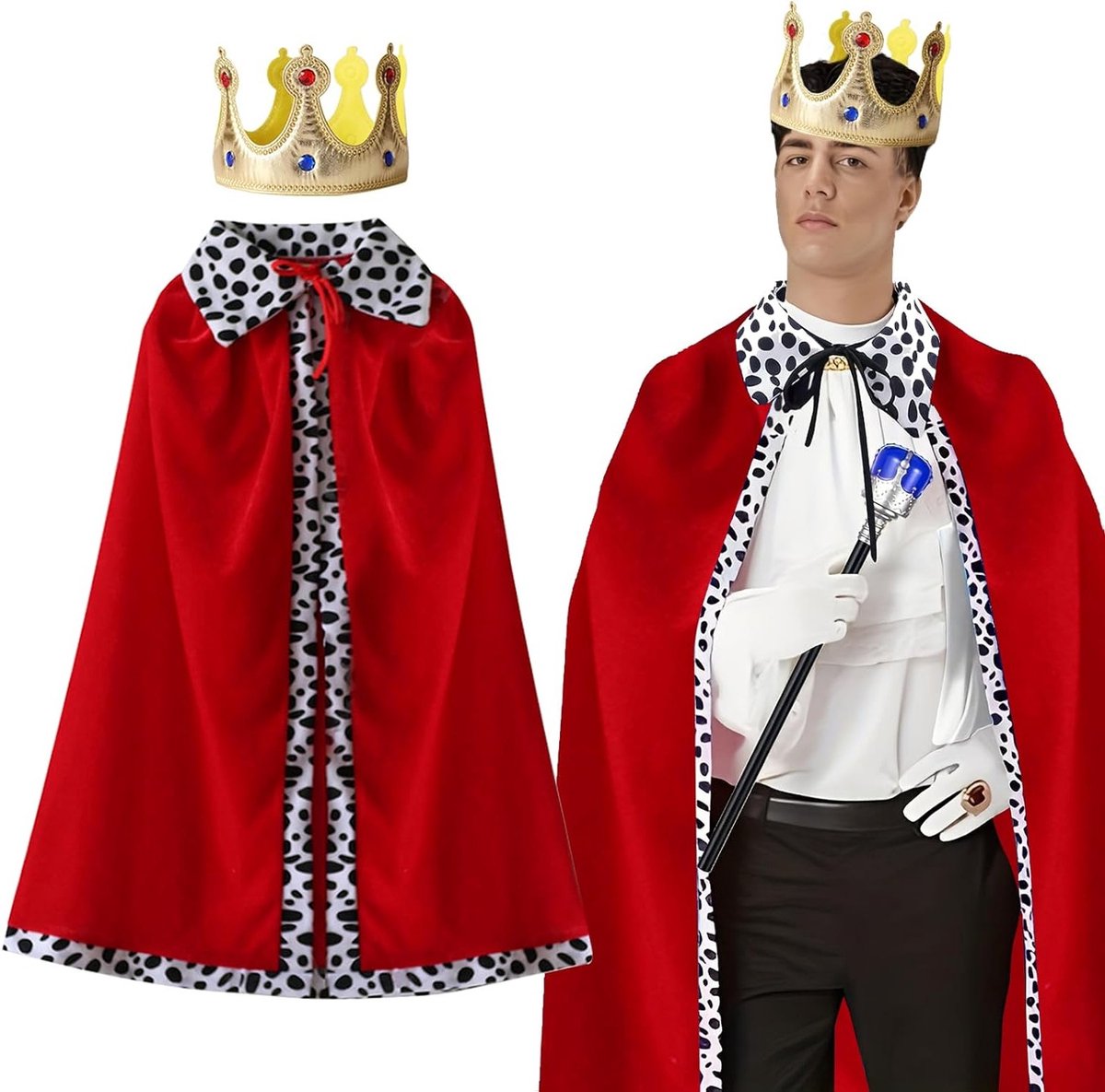 Koninklijk Kostuum Set voor Volwassenen, Rood Cape Kostuum met Kroon, Luxe Badjas voor Rollenspel, 150 cm, Perfect voor Themafeesten en Verkleedpartijen