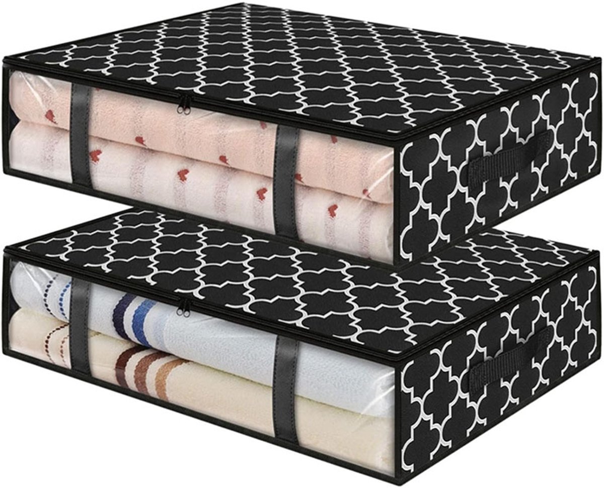 KZQ 2-pack Opbergdozen voor onder het bed - Opbergtas - Kledingorganizers - Opvouwbare opbergdozen - Geschikt voor het opbergen van beddengoed, dekens, kleding, truien, kussens en speelgoed - 60 x 45 x 15 cm - Zwart