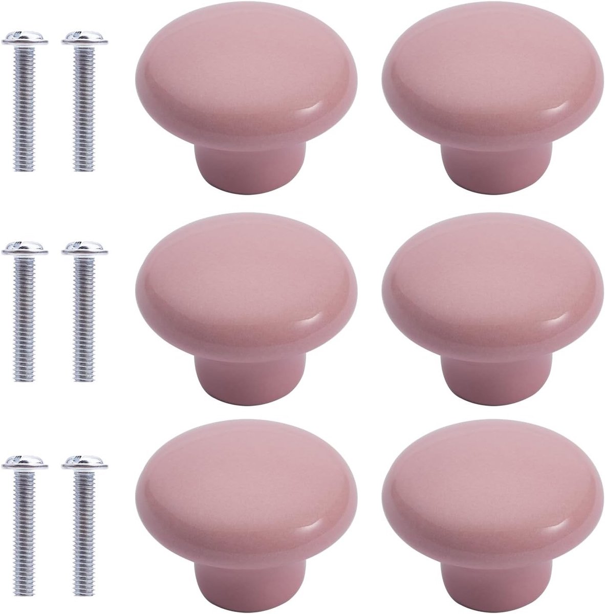 Ronde keramische meubelknoppen - 6 stuks lichtroze kastknoppen met schroeven voor kinderkamer, keuken en kasten