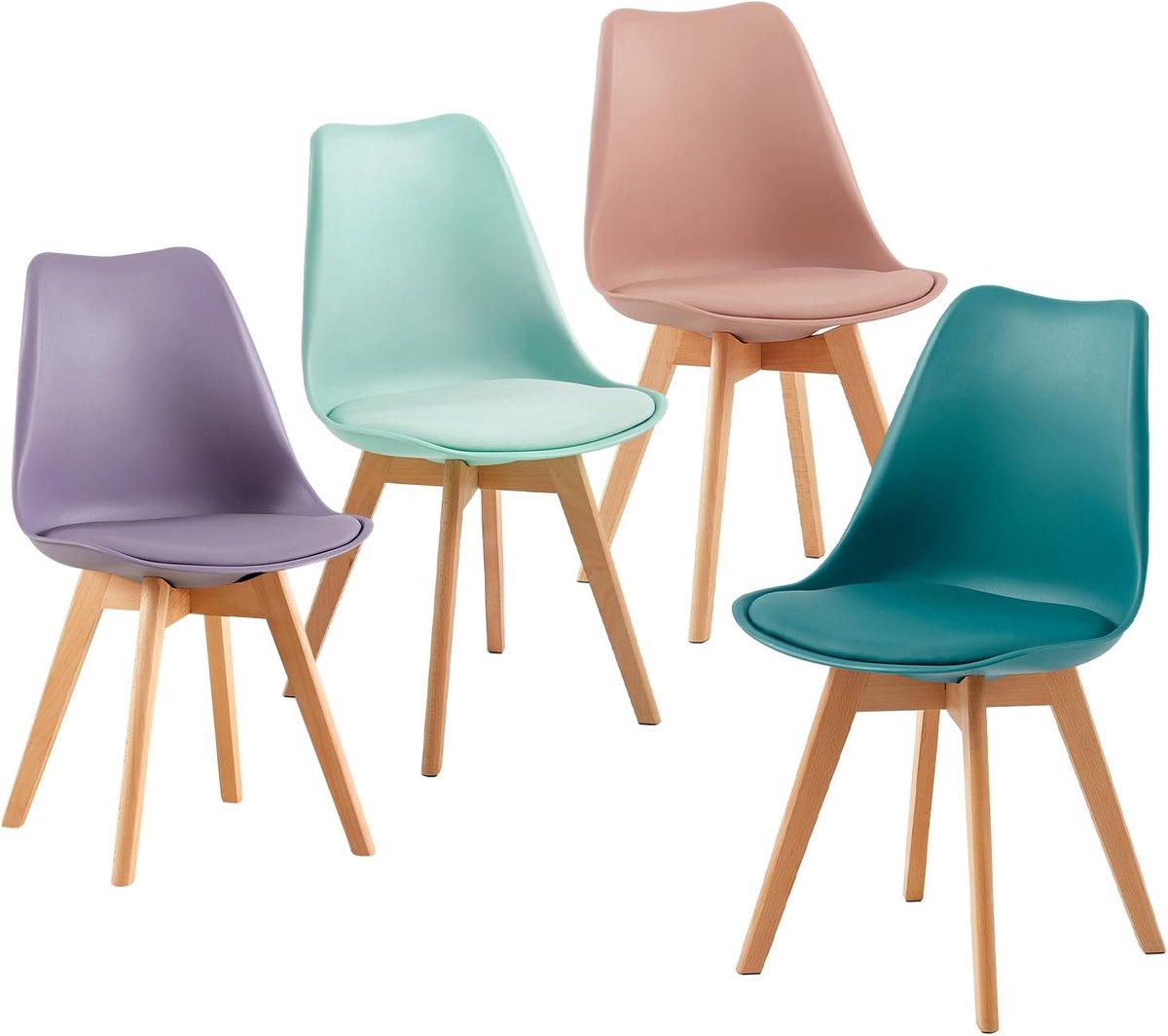J.T.R Eetkamerstoelen-Eetkamerstoelen set van 4-gestoffeerd-vintage stijl- met massief beukenhouten poten-Mintgroen + Rookroze+paarsgrijs.