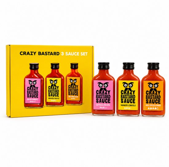 Crazy Bastard Sauce Best Seller Box - Chipotle & Pineapple, Habanero & Tomatillo, Ghost Pepper & Mango Hot Sauce 3 Pack, 3x 100ml