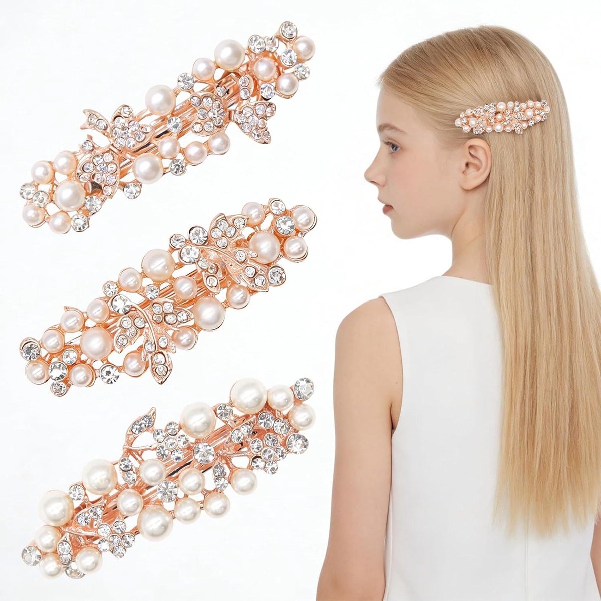 Parel Haaraccessoires - Gouden Haarclips - Bruiloft Ceremonie - Met Strass - Set van 3 - Goud