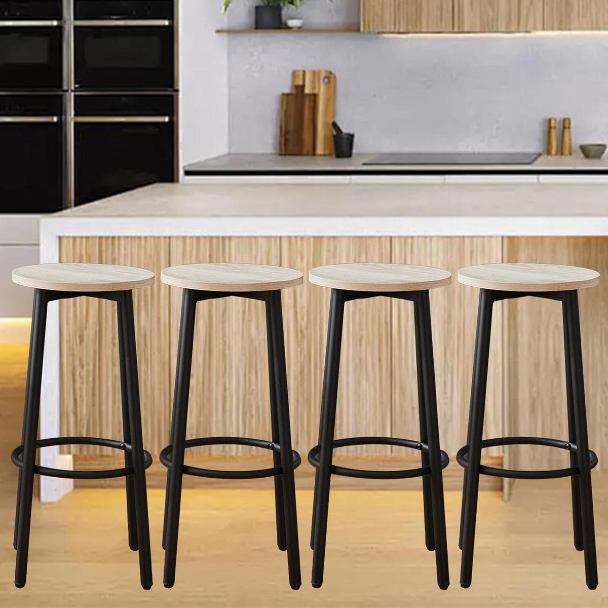 Houten Barkrukken - Barstoelen Set - Keuken en Bar - Verstelbare Metalen Poten - Set van 4 - Wit