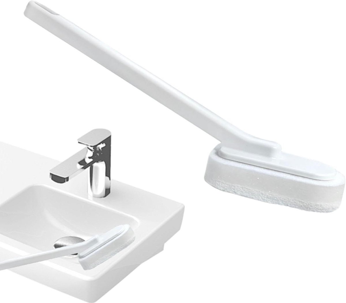 Badkamer Spons - Schoonmaak Borstel - Moeilijk Bereikbaar - Lange Steel - 30 cm Lengte - Wit