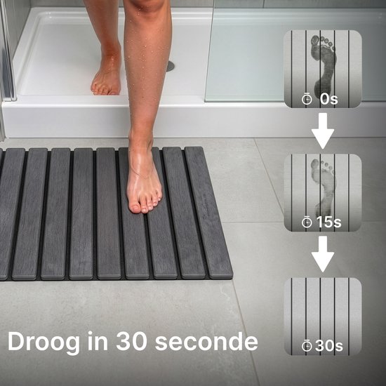 Een persoon stapt uit een douche op een donkergrijze badmat. De mat droogt binnen 30 seconden, zoals getoond in de progressieve afbeeldingen.