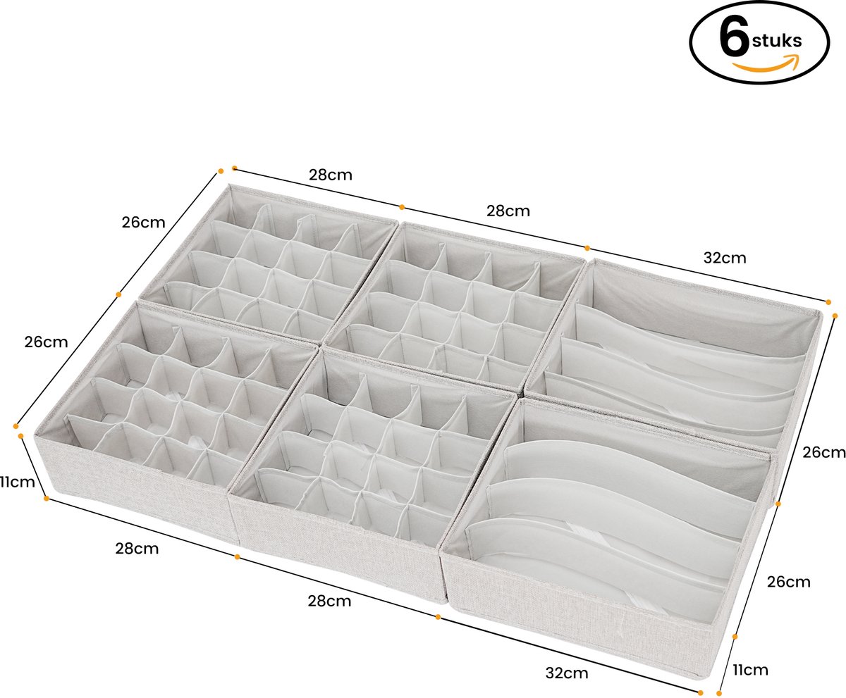 Lade Organizer Set (6 stuks) – Geschikt voor IKEA kasten (PAX 100, PLATSA, ELVARLI) – Opbergsysteem voor sokken, ondergoed & BH – 28×26×11 cm(4 stuks) + 32×26×11 cm(2 stuks)