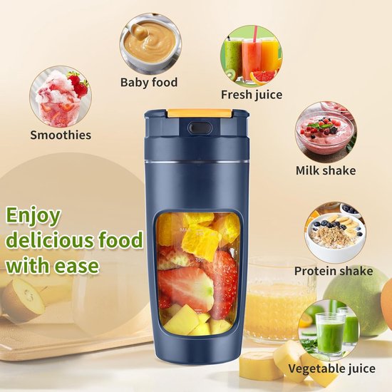 Draagbare blenderbeker - Grote inhoud van 600 ml, compacte blenderbeker voor onderweg, perfect voor het maken van smoothies en crèmes. Ontwerp met meerdere messen voor hoge snelheid - Klein formaat, lekvrij - Blauw van Merkloos — afbeelding 3