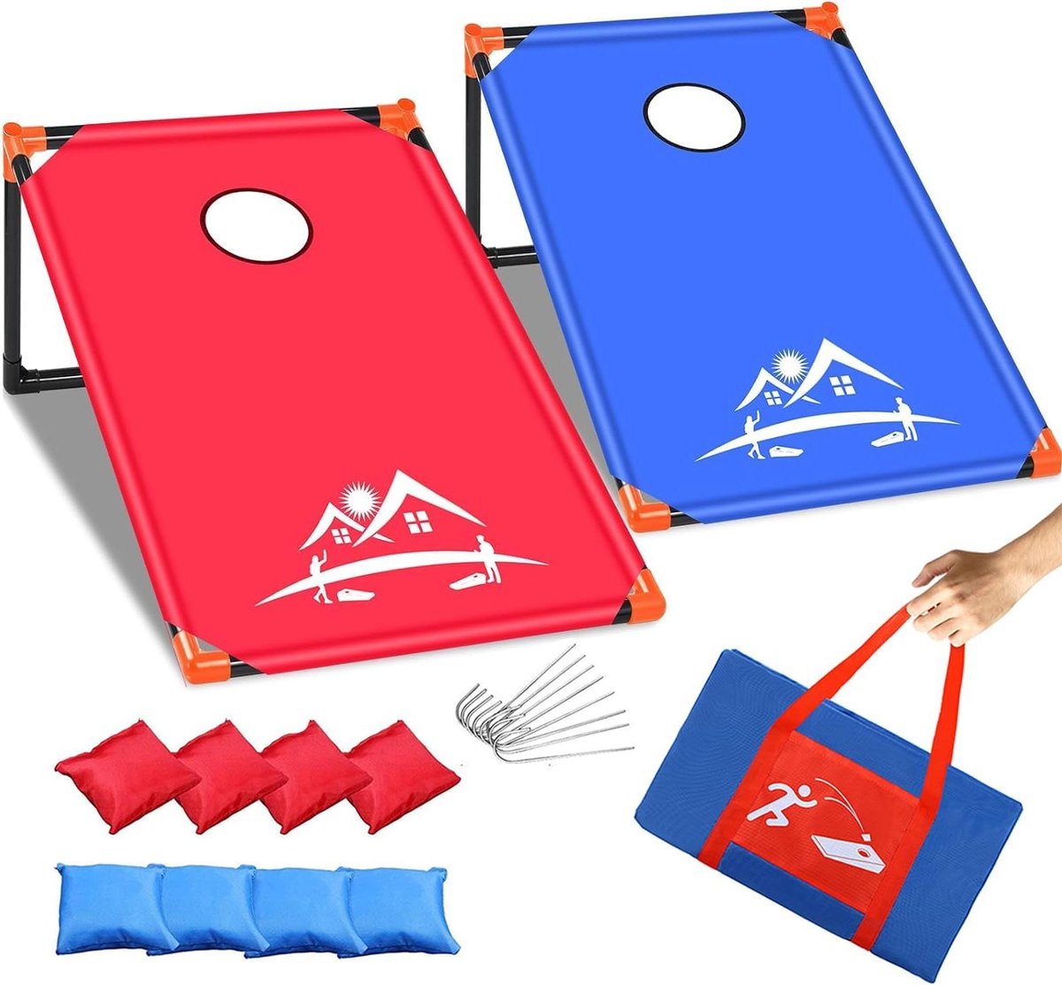 Draagbare Cornhole Spel - Gooispel Zitzakken - Buitenfeest Activiteit - Inclusief Opbergtas - 2 Planken 10 Delen - Rood Blauw