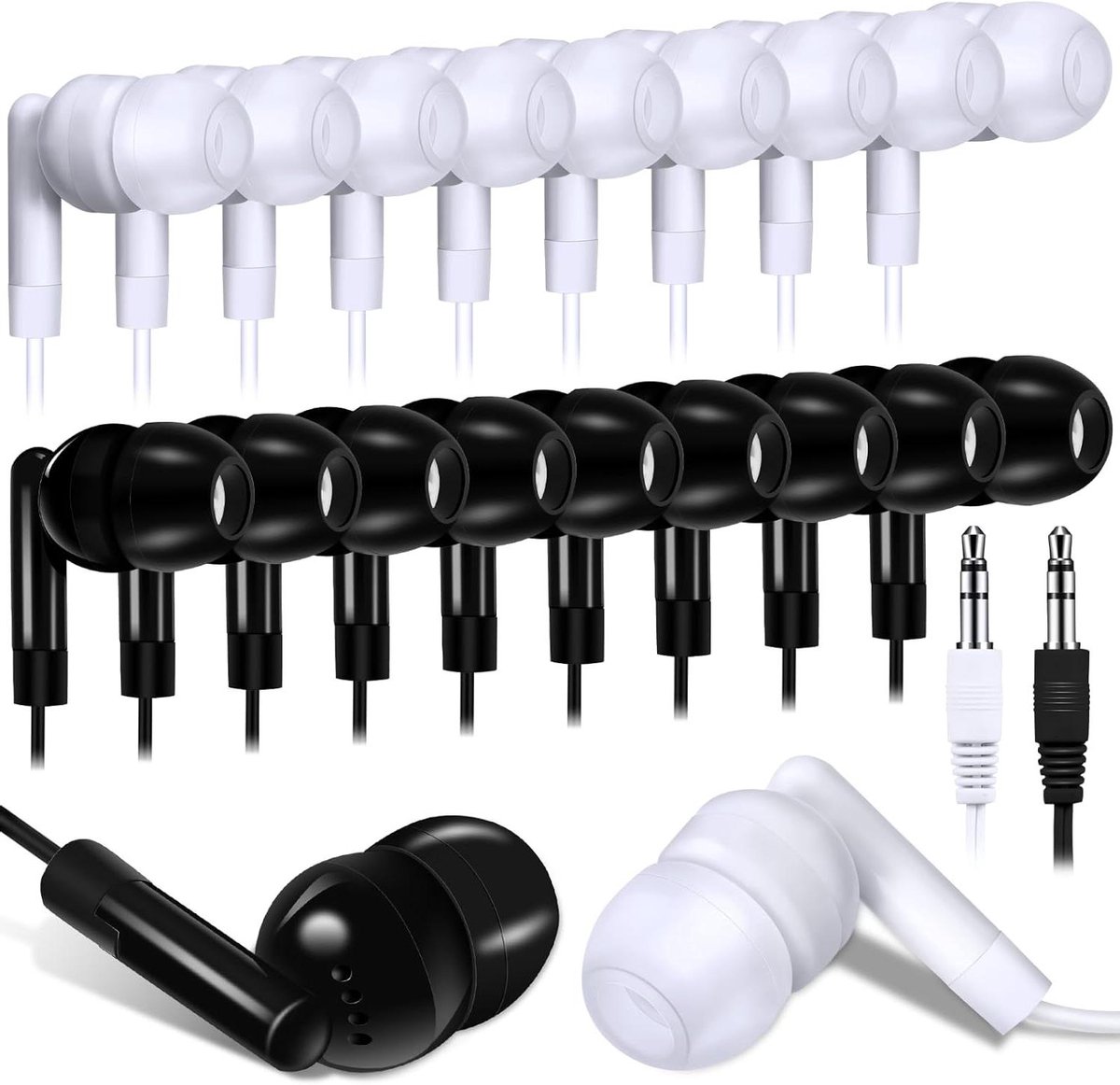Kanayu 100 Packs Kids Earbuds Bulk Basic Student Earphone Individually Packed 3.5mm Headphones for Schools Classrooms Library Teens Gift, Black and White