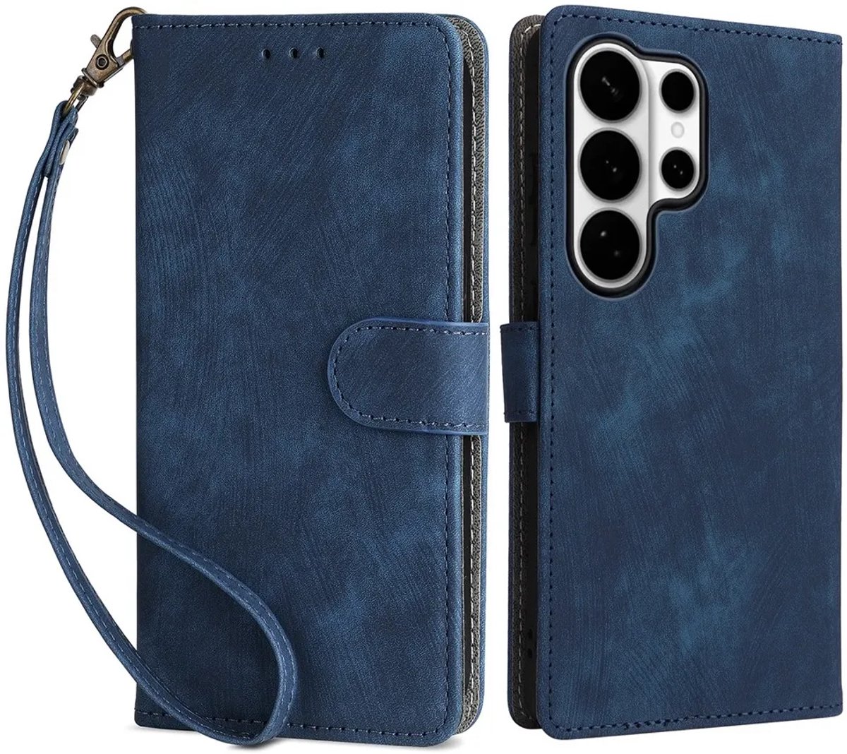 Hoesje geschikt voor Samsung Galaxy S26 Ultra - Phonesta Vintage Skin Book Wallet Case met afneembaar koord - Blauw