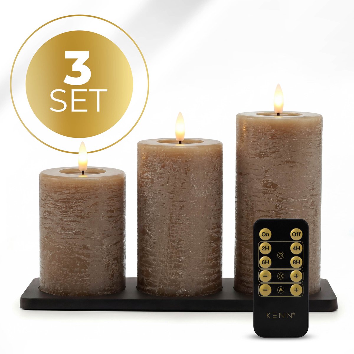 KENN® GlowPro™ Oplaadbare LED Kaarsen – Tot 400 Branduren – Set van 3 – Rustiek Caramel – Met Afstandsbediening & Timer – Magnetisch Oplaadstation – Bewegend Vlameffect – LED Kaarsen Oplaadbaar – LED Stompkaarsen – Flikkerende Vlam – Horeca