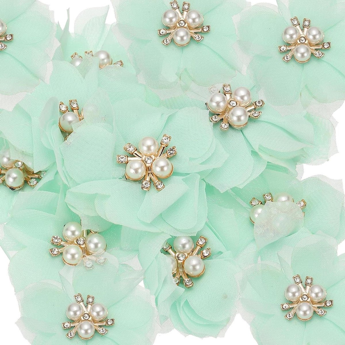 Chiffon Bloem Applicaties - Stoffen Bloemen - Doe-het-zelf Ambachten - Met Parel en Strass - 60mm Diameter - Lichtgroen