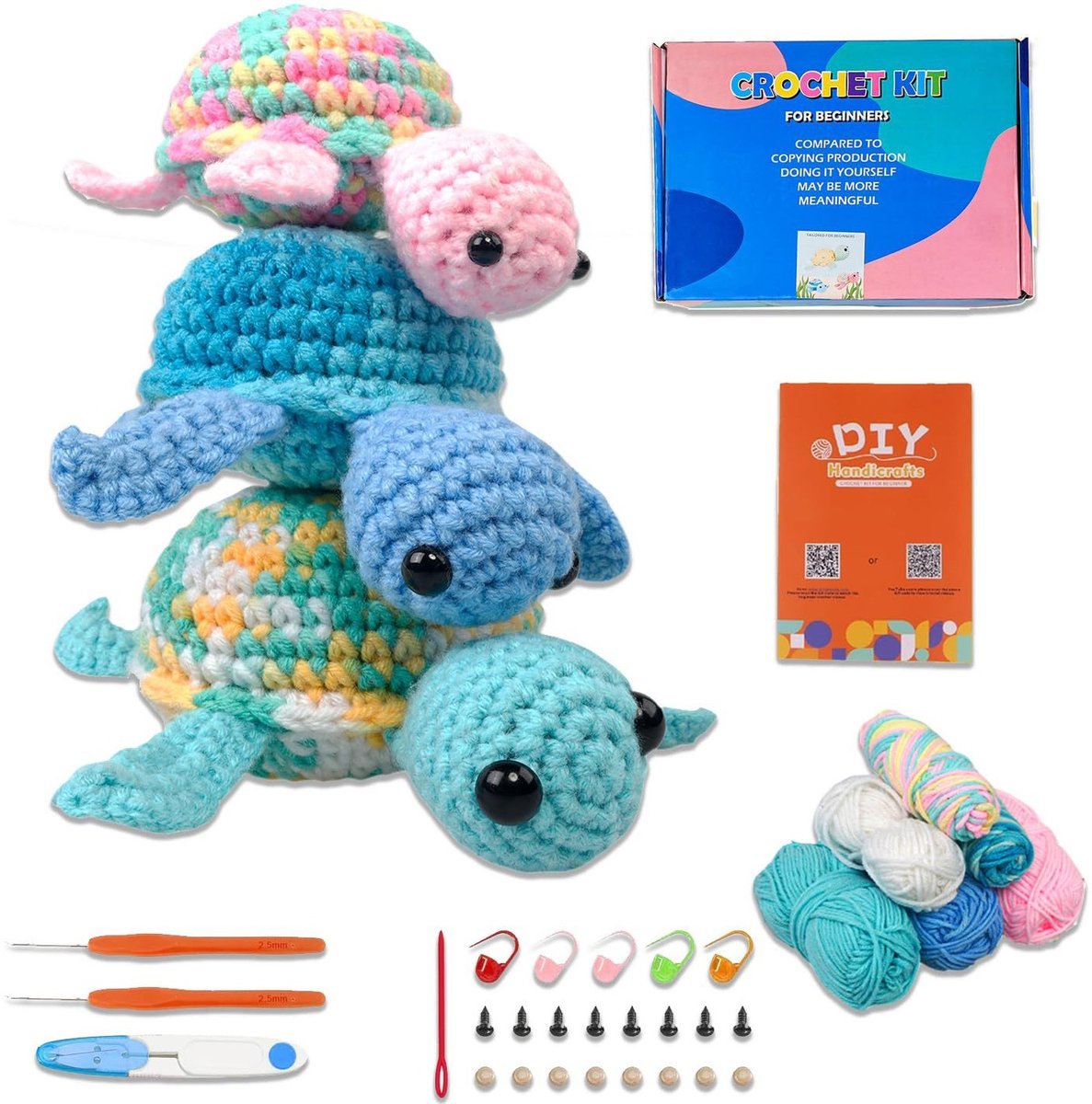 Ultiluxe® Haakpakket Schildpadjes - 3 stuks - Complete DIY set - Crochet kit - Knutselset voor Kinderen of Volwassenen - Schildpadden - Blauw/groen/roze