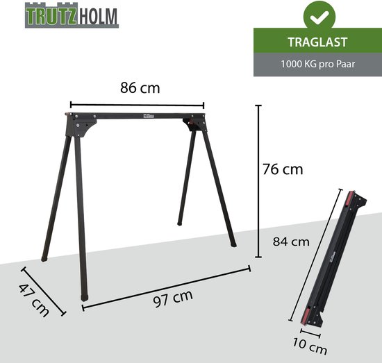 Zwarte werkbok met afmetingen: 86 cm breed, 76 cm hoog, 97 cm diep. Ingeklapt 84x10x10 cm.