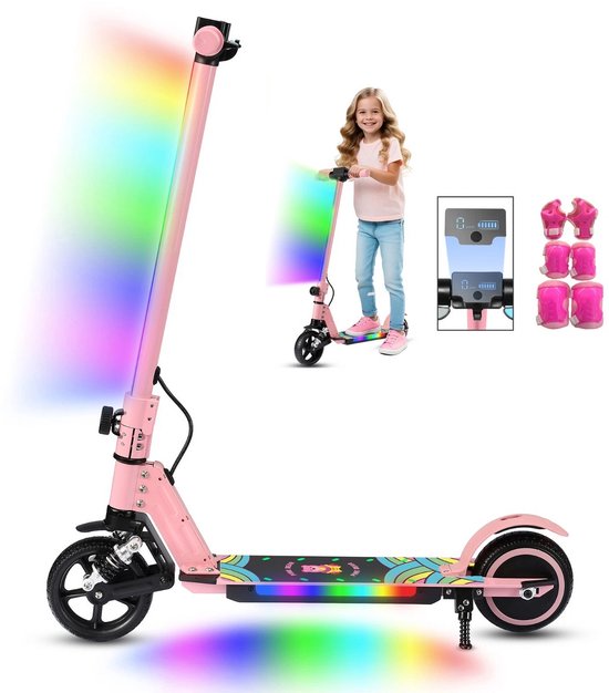 Elektrische kinderstep 6-12 jaar inklapbaar 14 km/u 130W motor dubbele rem vering LED verlichting roze