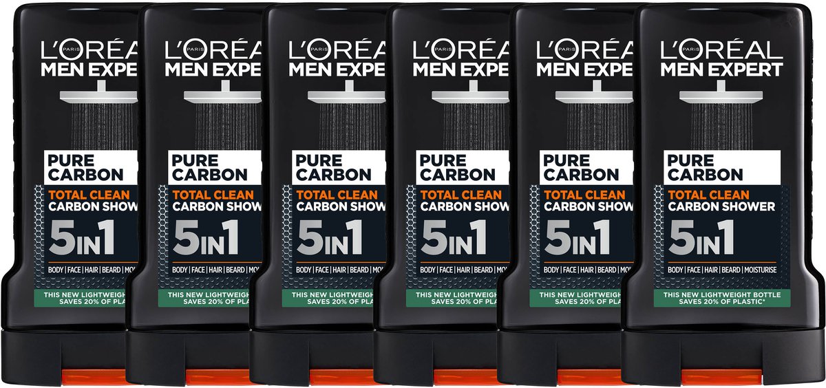 Men Expert Total Clean Carbon Shower Gel - Verfrist onmiddelijk en zuivert de huid - 5in1 formule - 250ml x6