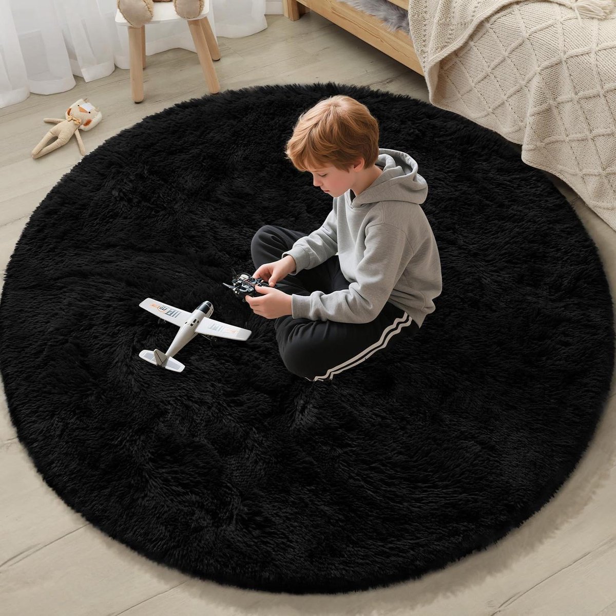 Rond Vloerkleed - Zacht Tapijt - Woonkamer Decoratie - Machinewasbaar - 122 cm - Zwart