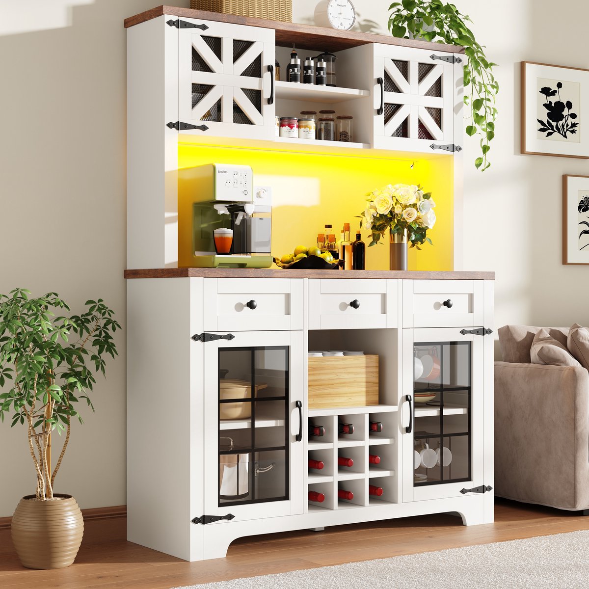 Keukenkast - Smart LED + Wijnrek + Anti-Kantel + Verstelbare Planken + Modern Deurontwerp - MDF - Wit