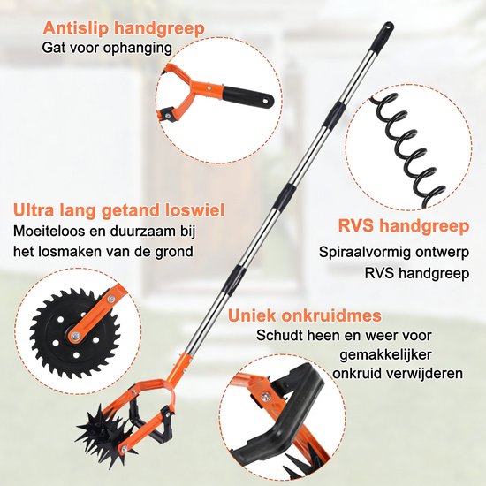 Rotatiecultivator voor in de tuin, verstelbare handfrees met lange steel en stervormige rollende tanden, 2-in-1 onkruidverwijderaar en grondbeluchter voor gazononderhoud, gras opnieuw inzaaien, grond mengen, handmatige tuinfrees. — afbeelding 3