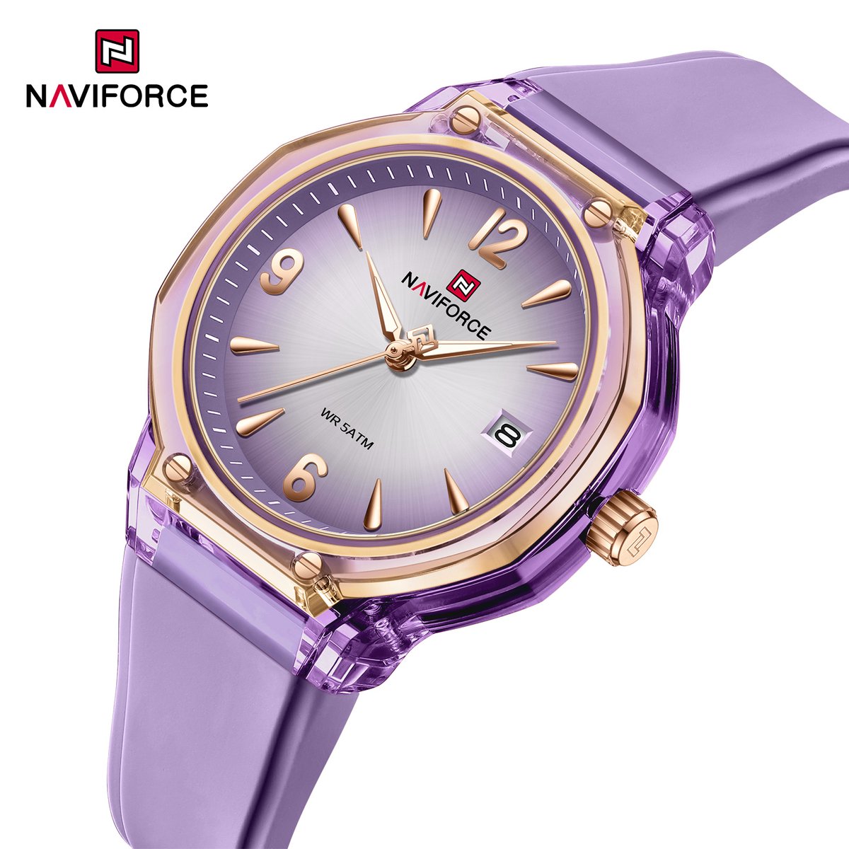 NAVIFORCE horloge met paarse gefumeerde siliconen polsband, paarse transparante horlogekast en paarse wijzerplaat voor dames met stijl ( Model 6110 PEPE )