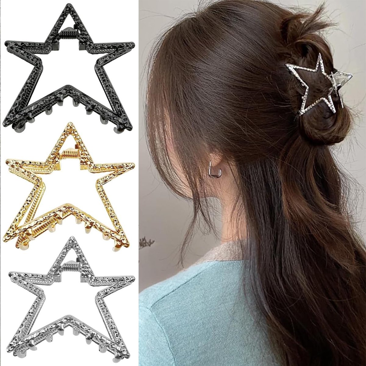 3Pcs Ster Haar Klemmen - Metaal, Niet-Slip, Voor Dames en Meisjes - Zilver, Goud, Zwart