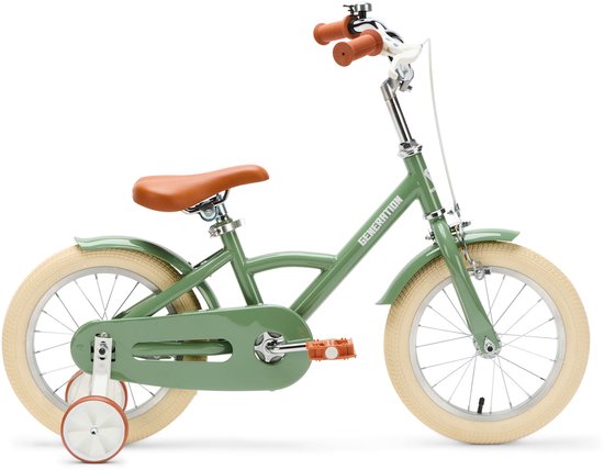 Vélo enfant vert olive avec selle et guidon marron, pneus crème et roulettes, vue latérale.