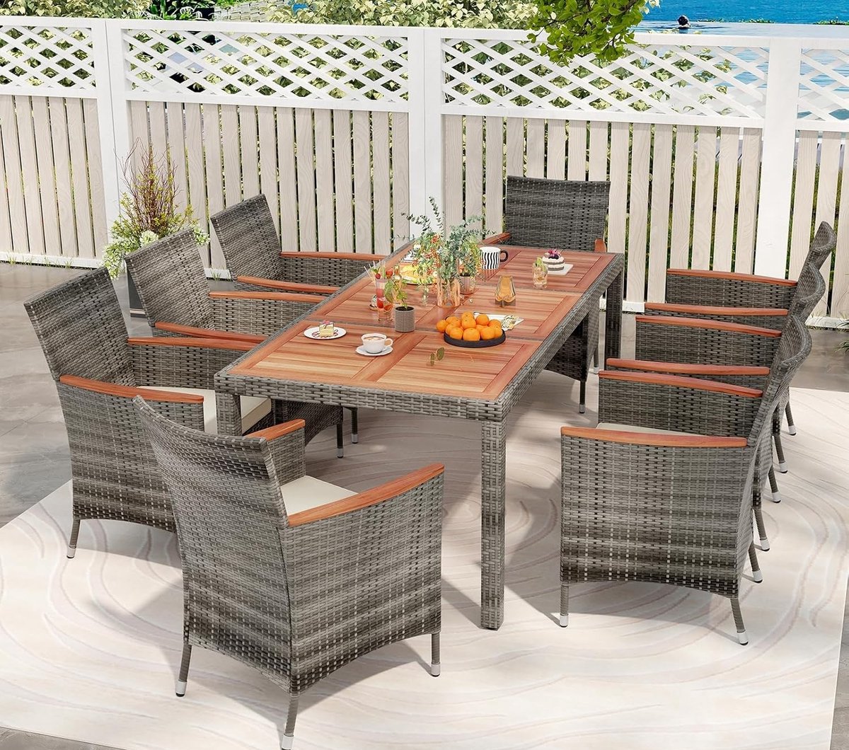 Rattan Tuinset 9-delig 200 x 100 cm – Luxe Tuinmeubel Set voor 8 Personen met Acaciahouten Tafelblad, 8 Stoelen & Waterafstotende Kussens – Weerbestendige Tuinset voor Terras, Balkon & Tuin – Urbanhome