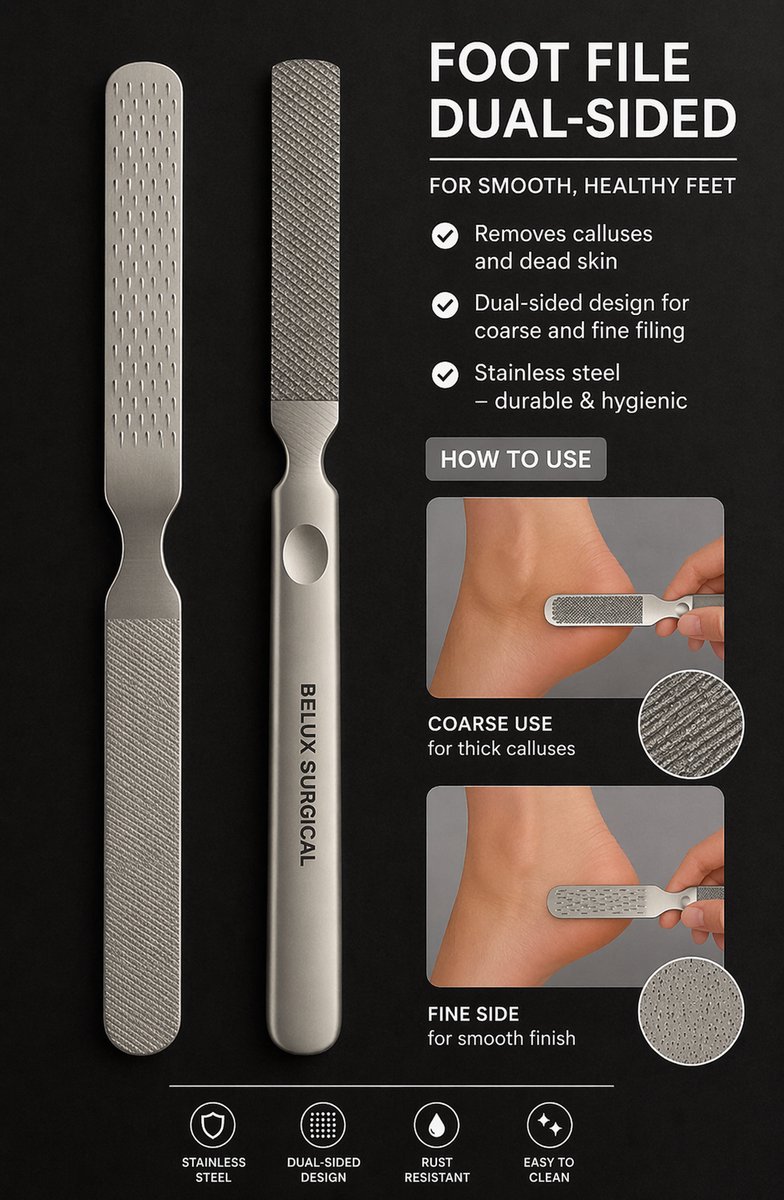 Belux surgical instruments/ set van 2 Professionele Pedicure Eeltverwijderaar - Inox Voetvijl / Voetrasp Voor Callus / Eelt en Harde Huid - Dubbelzijdige - (15.4 cm)