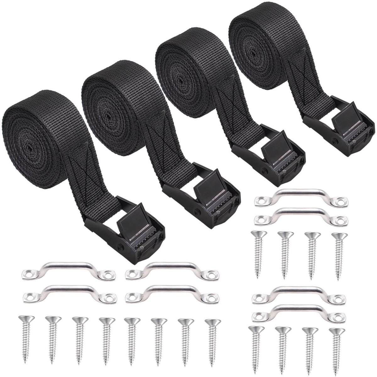 Batterij Tie Down Strap Kit - Bevestigingsriem Set - Voertuig Transport - Roestvrijstalen Gesp - 4 Sets 1"x4ft - Zwart