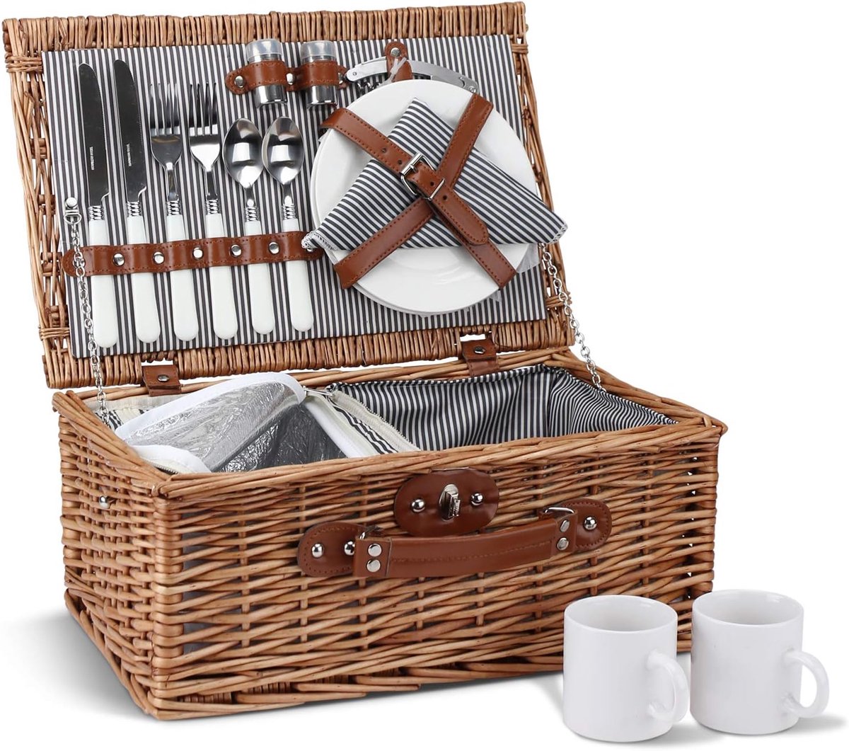 Picknickmand met Geïsoleerd Compartiment voor 2 Personen - Picknick Mandje - Boodschappenmand - Fruitmand - Winkelmand - Rieten Mand - Wilgenhout - Grijze Strepen A - 17 x 26,9 x 17 cm - van Imperatoris