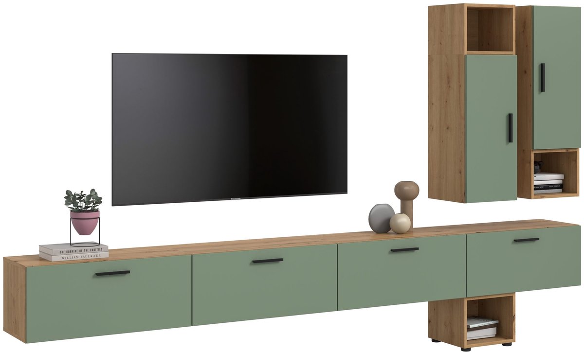 Modulaire woonwand in artisan eik en rookgroen - Stijlvolle opbergoplossing voor elke ruimte - 300cm
