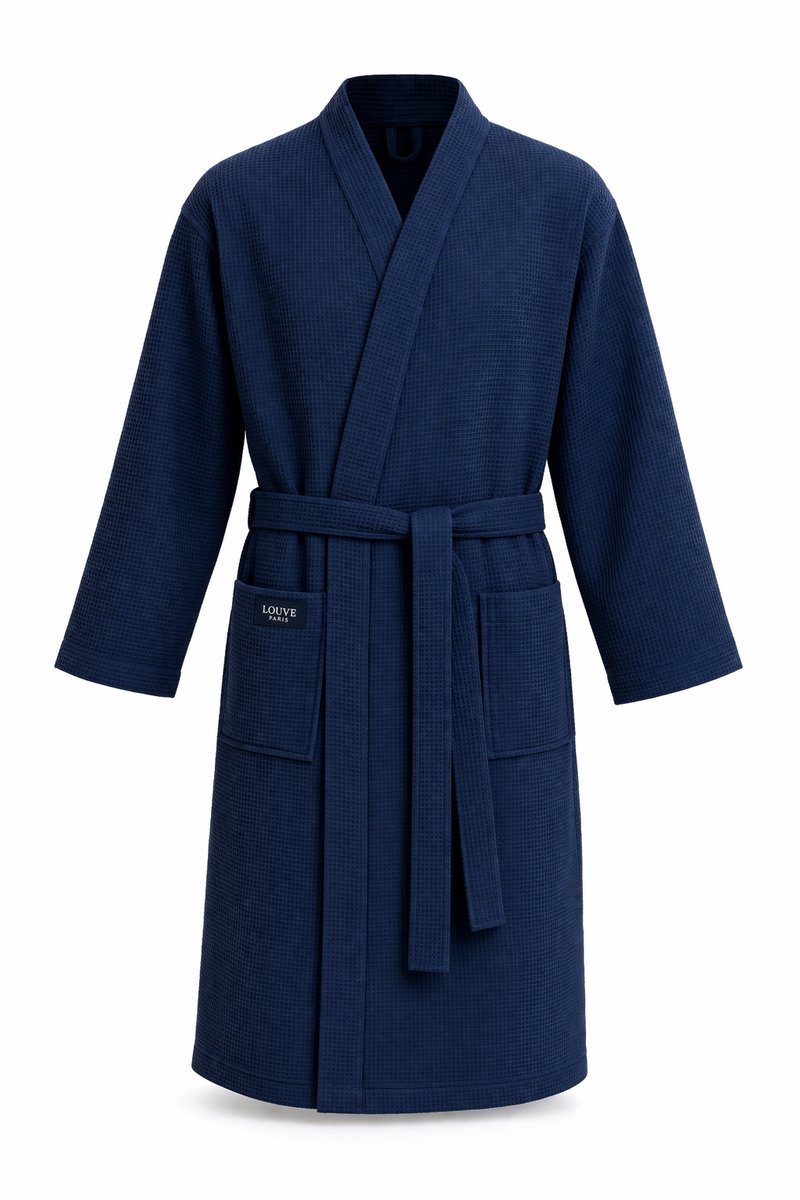 Sauna badjas wafel - LOUVE PARIS - unisex kimono badjas wafelstructuur - 100% Biologisch katoen - Hammam - SPA - kimono - wafel badjas dames - wafel badjas heren - Navy Blue - Maat L