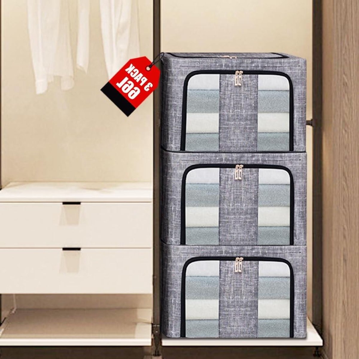 Opbergdozen Kleding - Opbergtassen Bed - Kast Organiseren - Met Stalen Frame - 66 Liter - Grijs