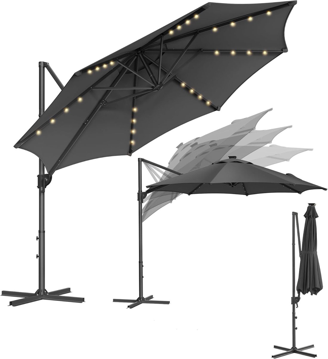 Luxe Solar LED Zweefparasol Ø300 cm met 28 LED Lampjes, 360° Draaibaar, Kantelbaar tot 60°, UPF 50+ UV Bescherming, Inclusief Kruisvoet en Slinger – Grijs