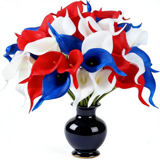 Kunstbloemen - 21 Stuks - Kunst Calla Lelies Rood Wit Blauw - Kunstplanten - Nepplanten - Binnen & Buiten - Onderhoudsvrij - Nepbloemen voor Koningsdag - Feestelijke tuindecoratie - Woondecoratie - Bruiloft - Housewarming cadeau - Voor WK 2026